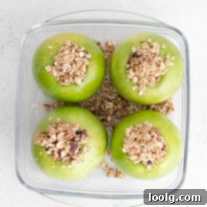 Quick & Easy Air Fryer Baked Apples 10 Image of four apples with an oat-based crumble filling inside each apple with cinnamon, raisins and pecans ready to be made in the air fryer.