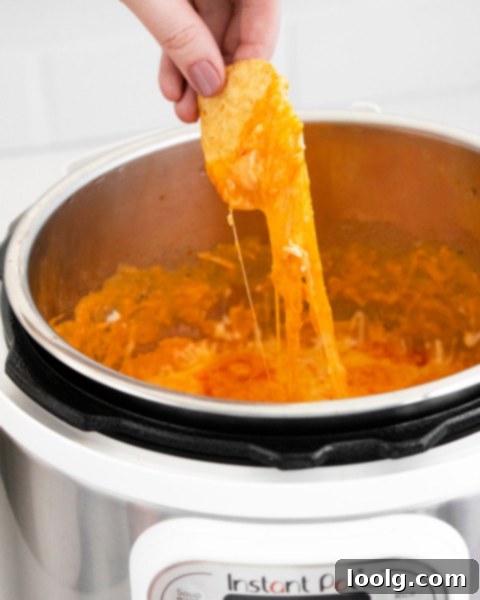 Ultimate Instant Pot Buffalo Chicken Dip 5 A single tortilla chip dipped into thick, cheesy Instant Pot Buffalo Chicken Dip, showing its creamy texture