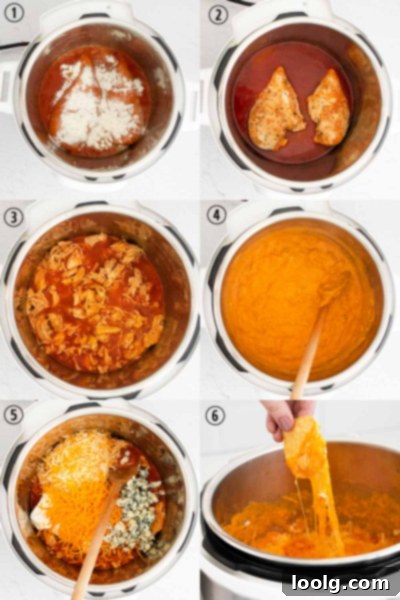 Ultimate Instant Pot Buffalo Chicken Dip 7 Step-by-step visual guide on making Instant Pot Buffalo Chicken Dip, showcasing the cooking process