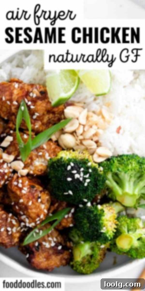 Crispy Air Fryer Sesame Chicken 7 Pin graphic for air fryer sesame chicken recipe