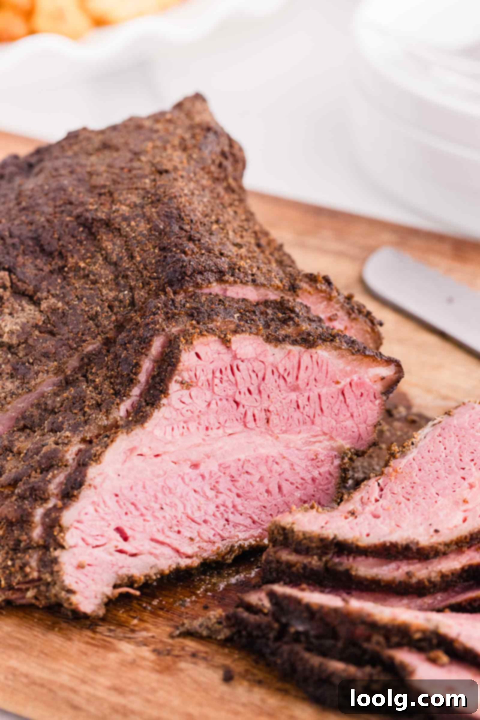 Slow-Smoked Corned Brisket 10 sliced corned beef brisket on a wooden cutting board