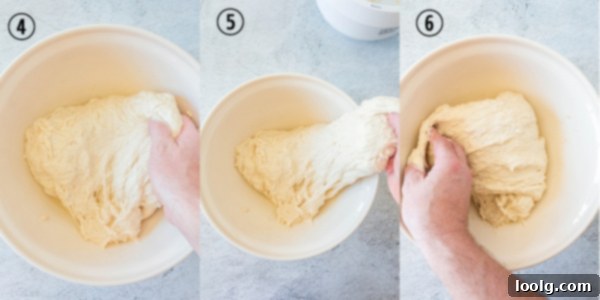 Slow Rise Sourdough Perfection 7 hands stretching over dough