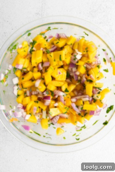 Tropical Heat Salsa 5 Mango Habanero Salsa mixed up in bowl