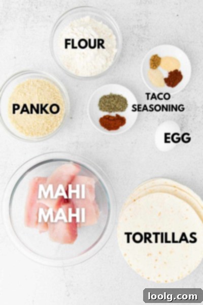 Crispy Air Fryer Fish Tacos 3 ingredients shown for air fryer fish tacos