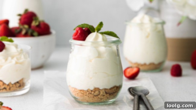 Creamy Cheesecake Mousse 6 Two jars of cheesecake mousse with various toppings, one with berries, the other with chocolate and mint