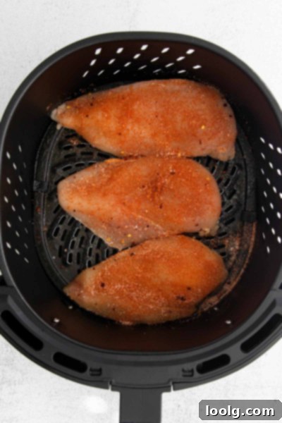 Perfect Air Fryer BBQ Chicken 4 raw chicken breast in air fryer basket