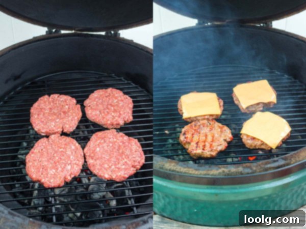Smoky Burger Perfection 4 smoked burger patties on a big green egg smoker