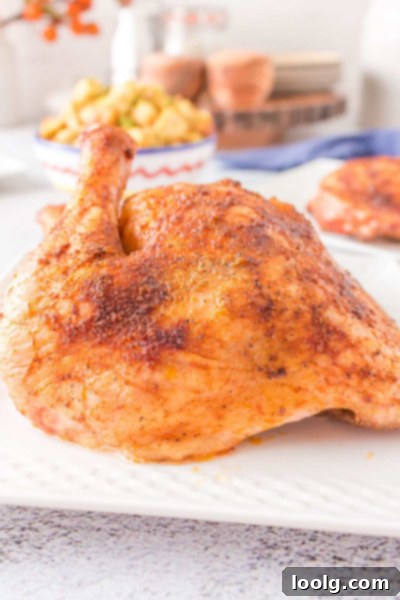 Perfectly Smoked Chicken Quarters 10 A close-up shot of the savory, perfectly seasoned skin of a smoked chicken leg quarter.