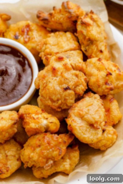 Crispy Air Fryer Popcorn Chicken 2 homemade popcorn chicken on plate with dipping sauce, ready to be enjoyed