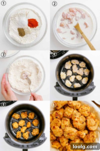 Crispy Air Fryer Popcorn Chicken 4 process shots showing how to make popcorn chicken from marinating to breading