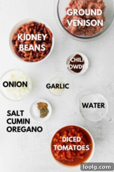Venison Chili, Your Way: Slow Cooker or Stovetop 3 A slow cooker filled with venison chili, showing the ingredients before cooking. You can see ground venison, kidney beans, diced tomatoes, onions, and various spices clearly visible, indicating a rich and hearty meal in the making.