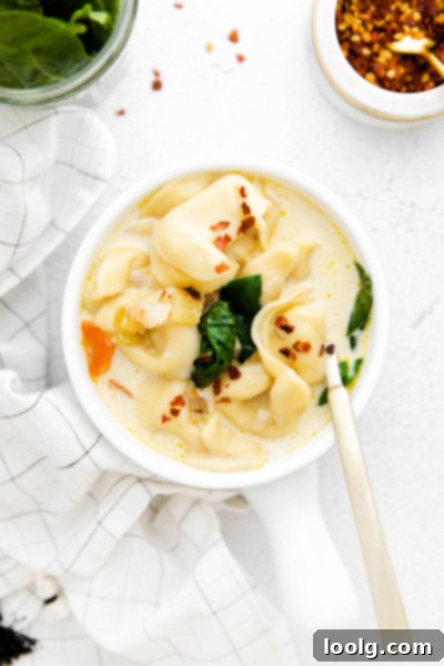 Speedy & Satisfying Tortellini Soup 12 Spoon holding a piece of tortellini from the Instant Pot soup, with the rest of the soup in the background