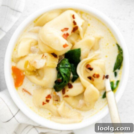 Speedy & Satisfying Tortellini Soup 13 Photo of a bowl of Instant Pot Tortellini Soup that looks super rich and creamy with cheesy tortellini, fresh baby spinach, and carrots and garnished with a sprinkle of red pepper flakes
