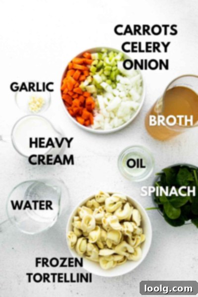 Speedy & Satisfying Tortellini Soup 3 Assortment of fresh ingredients for Instant Pot tortellini soup laid out on a counter