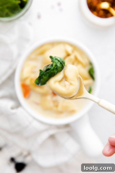 Speedy & Satisfying Tortellini Soup 10 Close-up of a single tortellini on a spoon, illustrating its cheesy filling