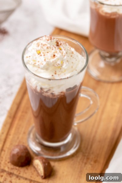 One-Pot Hot Chocolate Magic 2 A glass full of Instant Pot Hot Chocolate, topped generously with whipped cream and a sprinkle of cocoa powder, sitting on a rustic wooden surface with holiday decorations in the background.