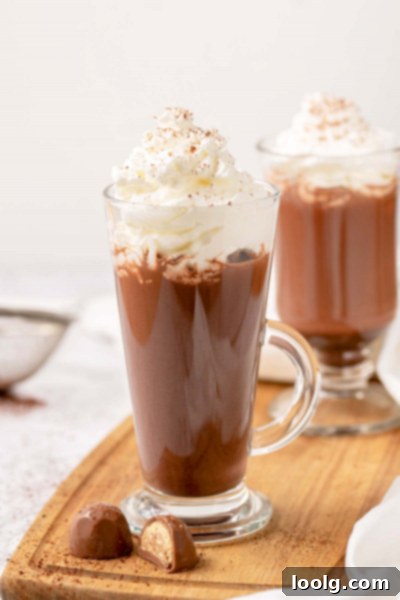 One-Pot Hot Chocolate Magic 6 A festive holiday setup featuring two glasses of Instant Pot Hot Chocolate, generously topped with whipped cream and peppermint candy canes. A bowl of marshmallows and decorative elements like pinecones and fairy lights create a cozy, inviting atmosphere.