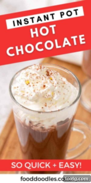 One-Pot Hot Chocolate Magic 7 A festive holiday scene featuring a white mug of hot chocolate, garnished with a large marshmallow and a cinnamon stick. The mug is placed on a wooden board next to pine cones, fairy lights, and holiday ornaments, evoking a cozy winter atmosphere.