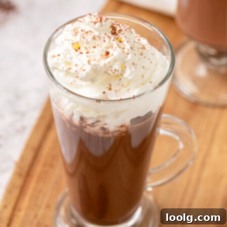 One-Pot Hot Chocolate Magic 8 Image of a glass full of Instant Pot Hot Chocolate topped with whipped cream and dusted with cocoa powder and it looks super rich and chocolaty