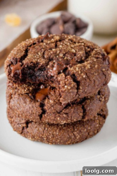 Decadent Chocolate Gingerbread Cookies 2 stack of chocolate gingerbread cookies, showcasing their soft texture and chocolate chunks