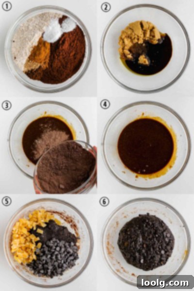 Decadent Chocolate Gingerbread Cookies 5 step by step photos of how to make chocolate gingerbread cookies, showing mixing and shaping