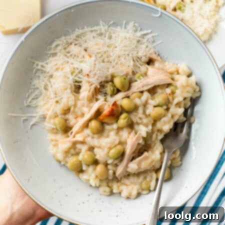 Creamy Chicken and Pea Risotto 6 Image of a bowl of creamy chicken and pea risotto garnished with grated parmesan cheese