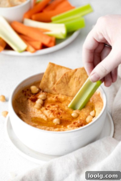 Smoky Red Pepper Hummus 5 Another close up of roasted red pepper hummus with pita bread and vegetables