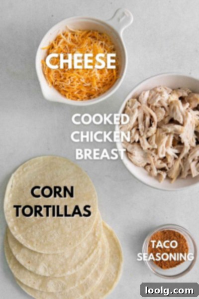 Air-Fried Taquito Perfection 3 Air Fryer Taquitos ingredients, including shredded chicken, cheese, taco seasoning, and tortillas