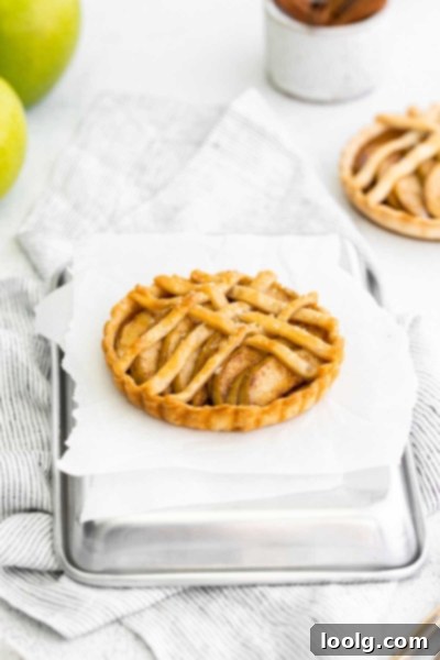 Bite-Sized Apple Tartlets 4 A close-up shot of a baked mini apple tart, highlighting the golden crust and bubbling apple filling.