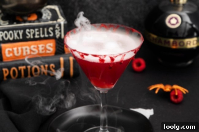 Crimson Kiss 9 A selection of Halloween treats and drinks, including the Vampire's Kiss cocktail, on a dark table, setting a festive and eerie Halloween mood.