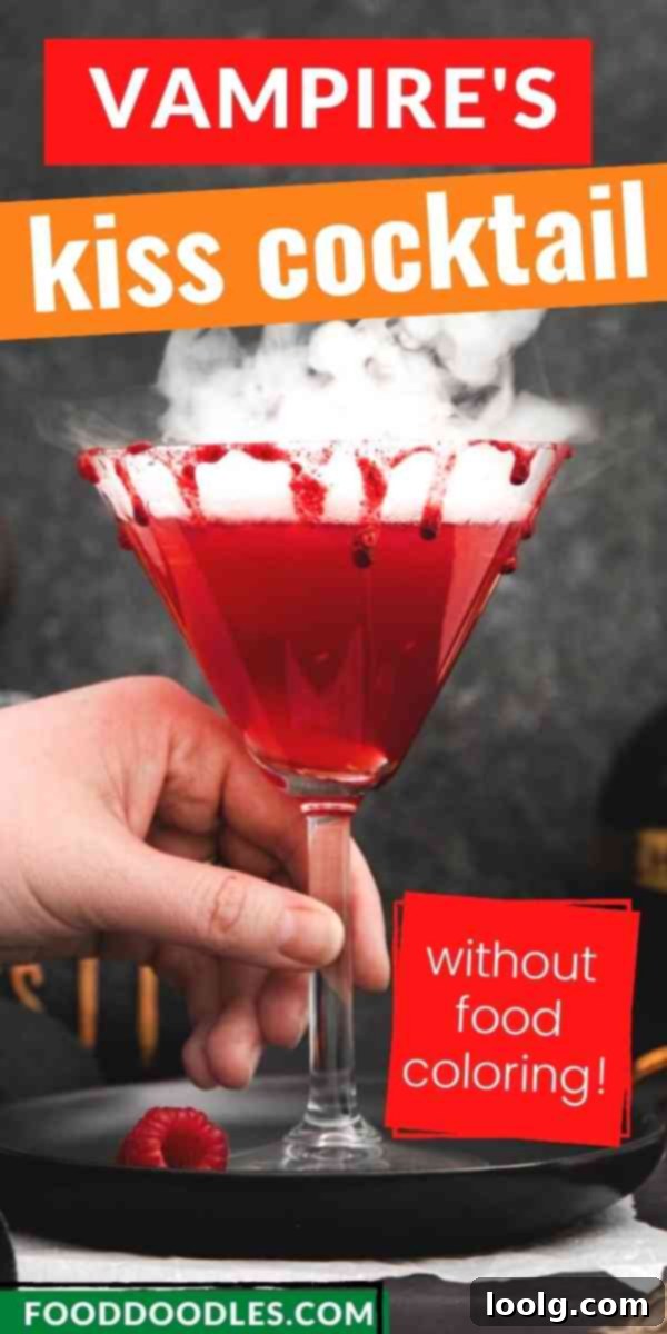 Crimson Kiss 10 A final, full-length image of the Vampire's Kiss cocktail in a tall glass, showcasing the blood-red color, dramatic rim, and mysterious dry ice effect, ready for a Halloween party.