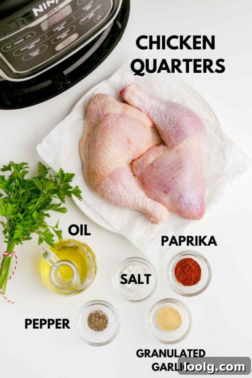 A collection of ingredients laid out for making air fryer chicken quarters, including chicken leg quarters, various spices in small bowls, and olive oil.