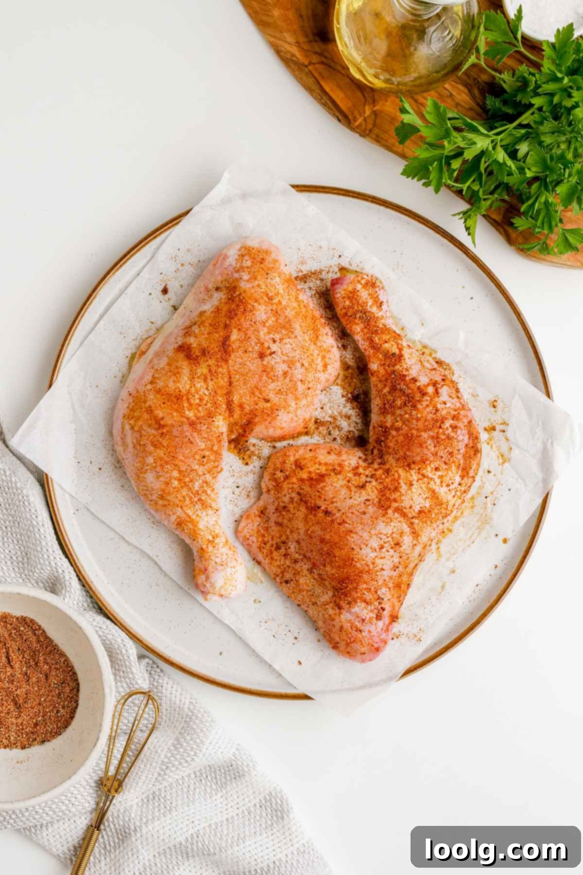 Process photo step two showing two chicken quarters, freshly seasoned, resting on a paper towel on a white plate. A bowl of dry seasoning is in the foreground, and green parsley leaves are in the background.