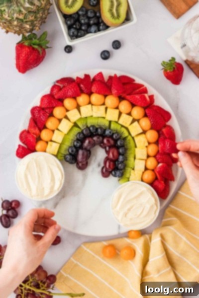 Kaleidoscope of Fruit 7 The rainbow fruit platter, now fully assembled with the cream cheese 'clouds' and ready for serving.