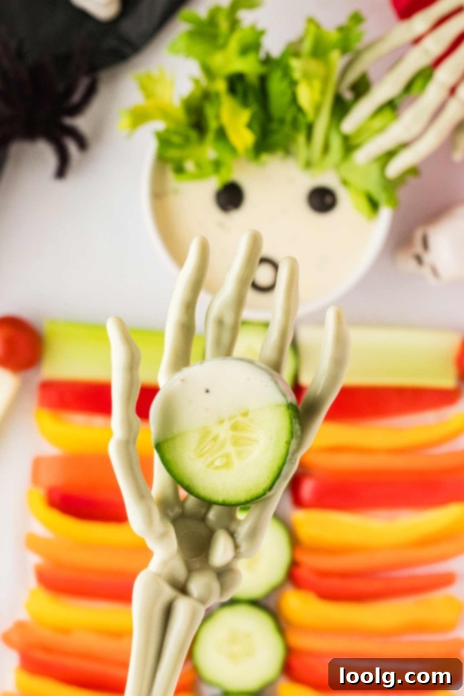 Bone-Appétit Veggie Display 6 Overhead shot of the skeleton veggie tray