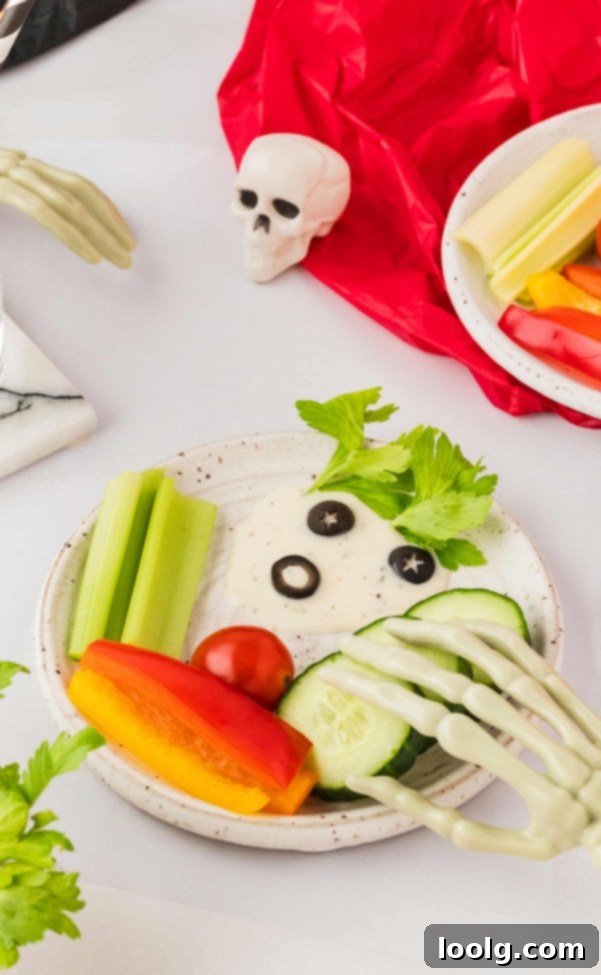 Bone-Appétit Veggie Display 7 Closer look at the head and ribs of the skeleton veggie tray