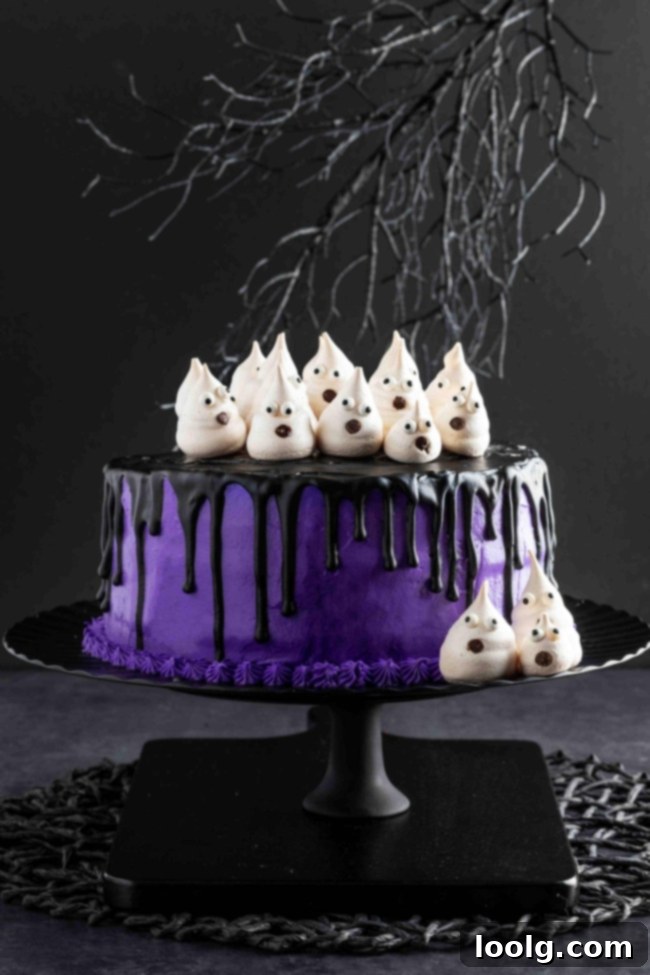 Enchanted Ghost Cake 2 Ghost Cake with meringue ghosts, chocolate ganache, and purple frosting