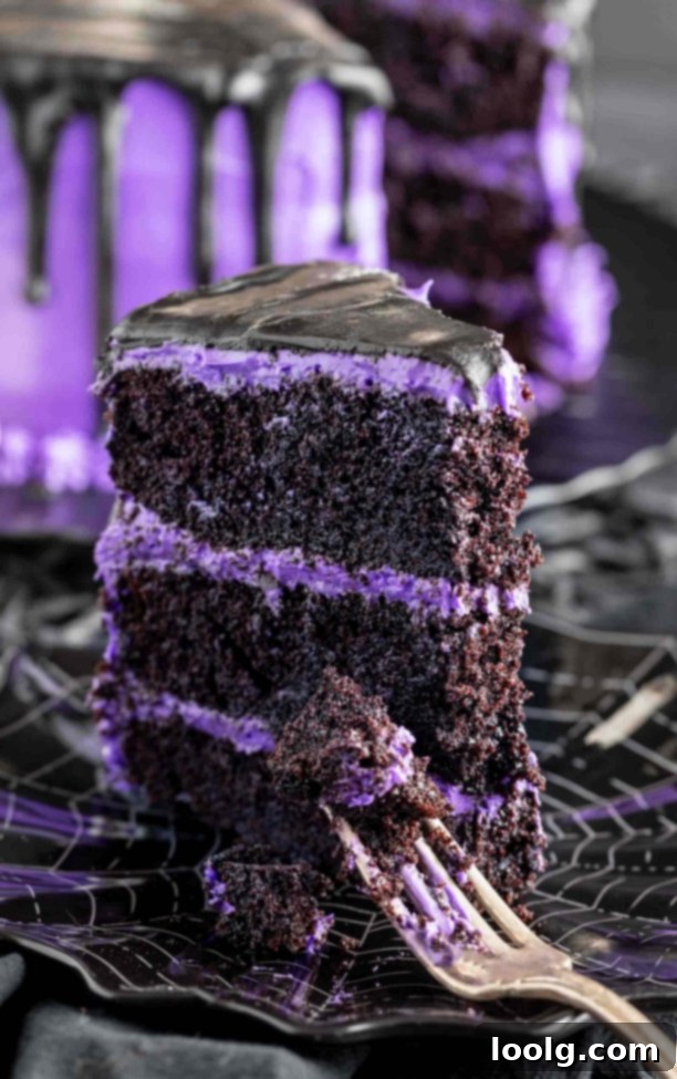 Enchanted Ghost Cake 16 A full ghost cake decorated with purple frosting, black ganache, and meringue ghosts, ready to serve.