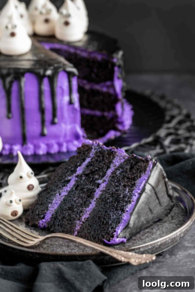 Enchanted Ghost Cake 3 Close up of a slice of Ghost Cake, showing dark chocolate layers and purple frosting