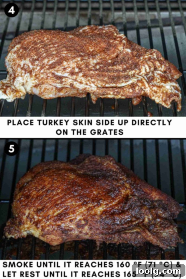 Artisan Smoked Turkey Breast 6 Close-up of a turkey breast smoking on a grill grate inside a smoker, with a thermometer inserted.