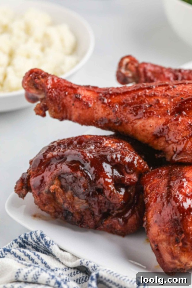 Smoked Turkey Drumsticks 2 Two perfectly smoked turkey legs resting on a cutting board, ready to be served, highlighting their golden-brown, crispy skin and tender appearance.
