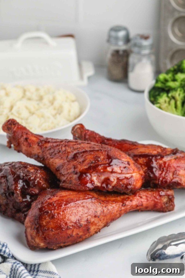 Smoked Turkey Drumsticks 7 Three smoked turkey legs artfully arranged on a wooden board, showcasing their rich, dark glaze and appealing presentation.