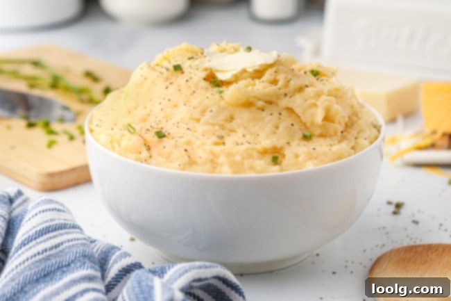 Creamy Cheesy Mashed Potatoes 2 A large bowl of creamy, golden cheesy mashed potatoes with a pat of butter melting on top, garnished with fresh herbs, ready to be served.