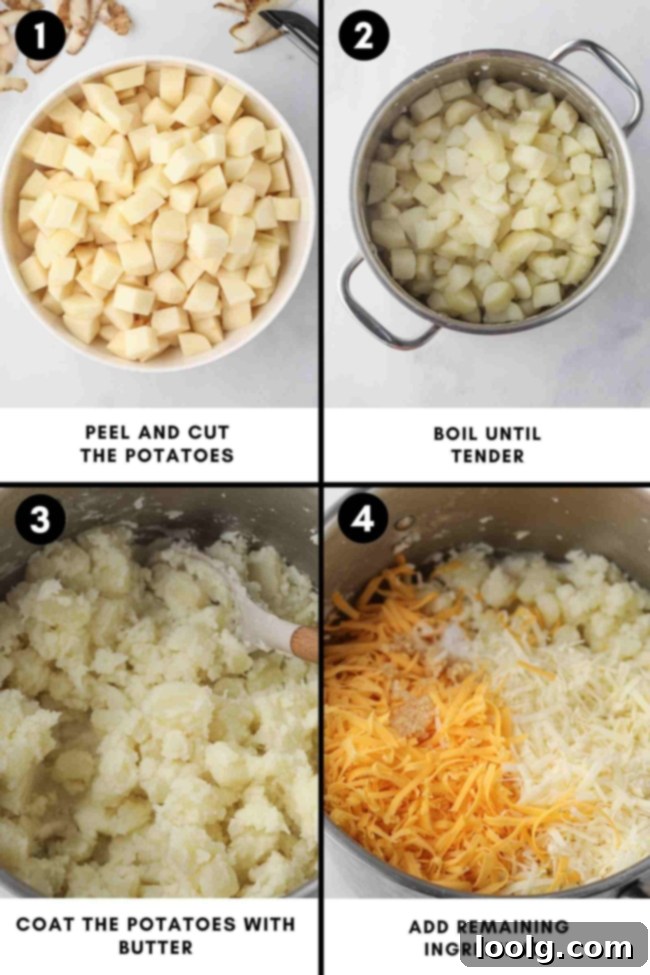 Creamy Cheesy Mashed Potatoes 5 A hand using a potato masher in a pot of freshly boiled potatoes, with steam gently rising, ready for mashing.