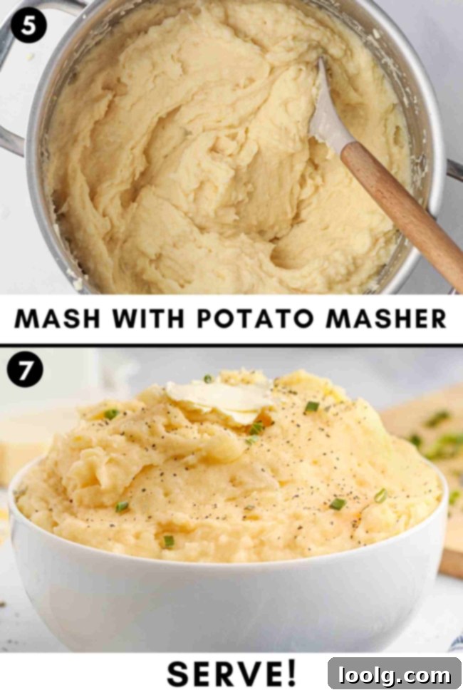 Creamy Cheesy Mashed Potatoes 6 A close-up of a pot filled with mashed potatoes, creamy and golden, with a spoon taking a serving, showing the texture and occasional flecks of cheese.