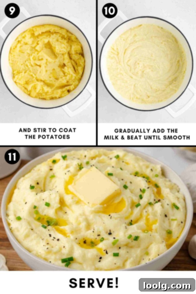 Golden Velvety Yukon Gold Mash 6 Finished creamy Yukon Gold mashed potatoes in a bowl with a spoon.