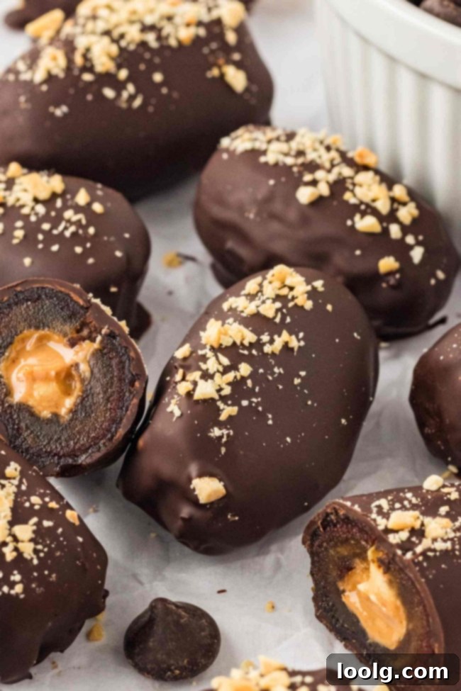 Decadent Chocolate-Dipped Dates 2 Close-up image of a tray of chocolate-covered dates, some whole, some cut open to reveal the peanut butter and nut filling.