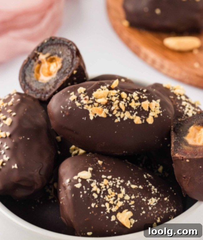 Decadent Chocolate-Dipped Dates 4 A selection of chocolate-covered dates with various toppings like peanuts and sea salt.
