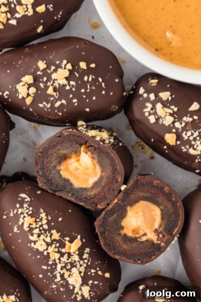 Decadent Chocolate-Dipped Dates 5 Close-up of a perfectly chocolate-covered date with peanut pieces on top.