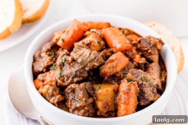 Hearty Venison Stew 2 A bowl of venison stew with carrots, potatoes, and herbs.